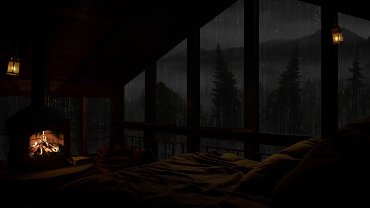 Attico accogliente con camino e suoni naturali della pioggia per un sonno profondo