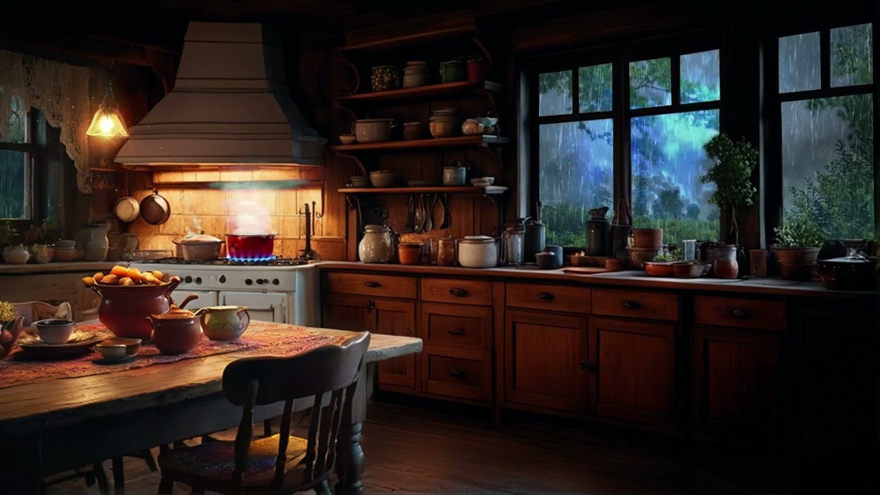 Kitchen Ambience | Cooking Sounds - Cook soup in the warm kitchen with Heavy Rain and Thunder Sound
