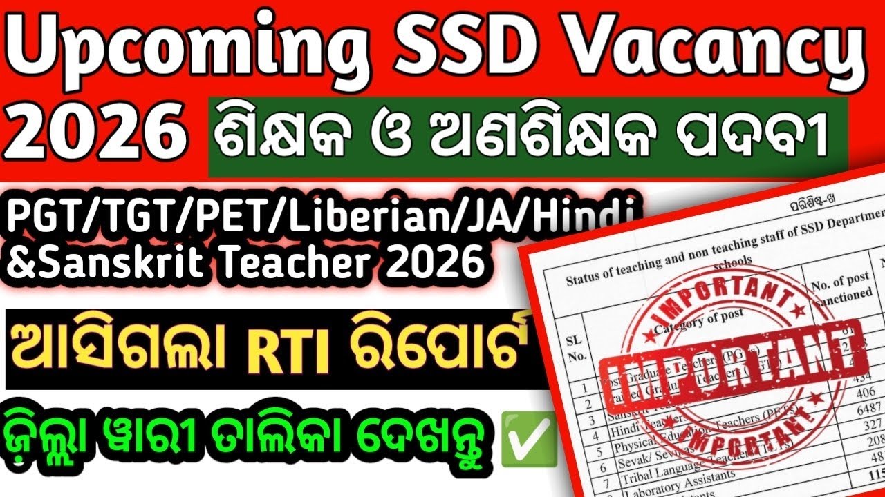 🔥SSD School Vacancy 2026 Odisha | Upcoming Teacher Jobs | PGT/TGT/PET/HINDI SANSKRIT  Job Alert 🚨