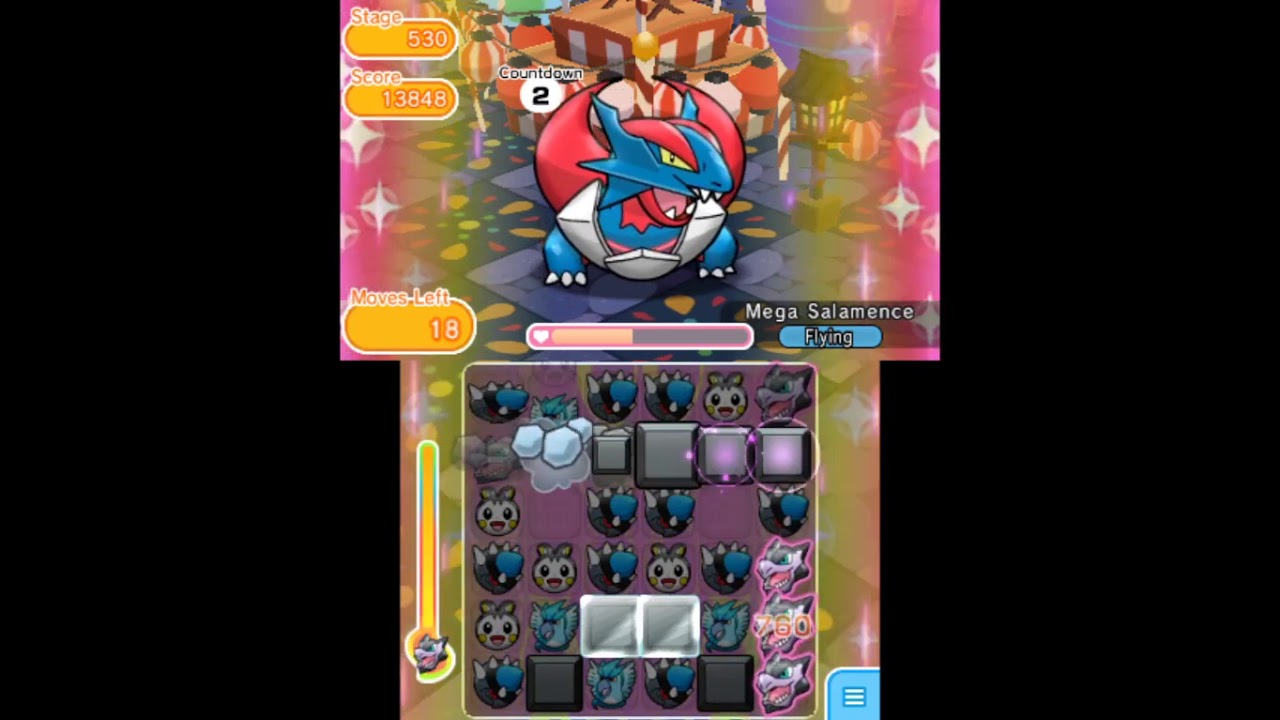 Pokemon Shuffle 3DS - Stage 530 Mega Salamence S Rank
