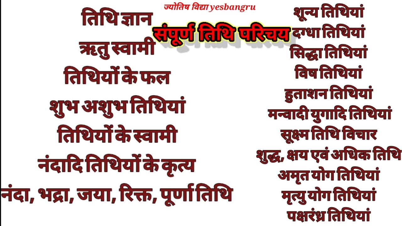संपूर्ण तिथि परिचय || तिथियों के फल, नंदादि तिथियां, शुद्ध क्षय एवं अधिक तिथियां अमृत योग तिथियां ||