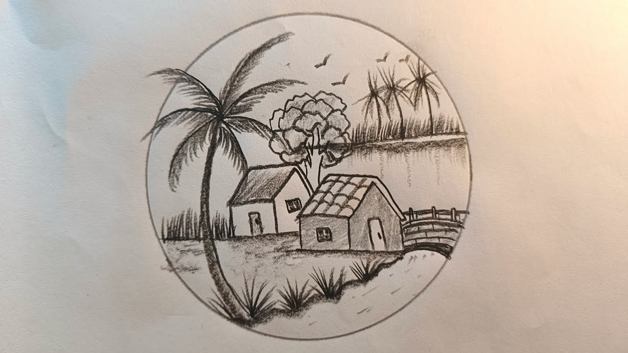 How to draw bridge village scenery by pencil  #villagedrawing #bridge #drawing #river 