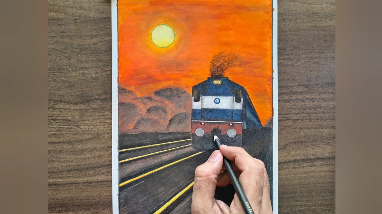 Drawing train in sunrise with simplified WDM 3D locomotive 🌄