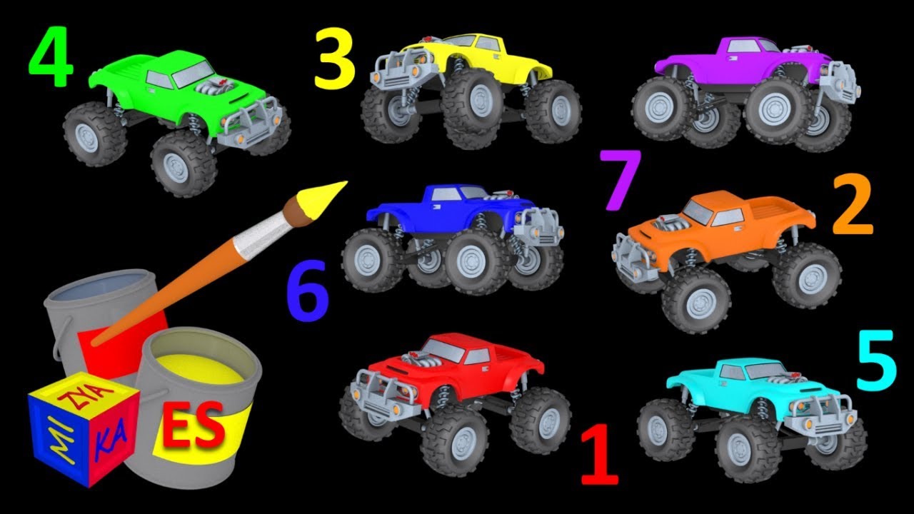 Los colores en español para niños. Aprenda a contar los camiones monstruo. Colors in Spanish
