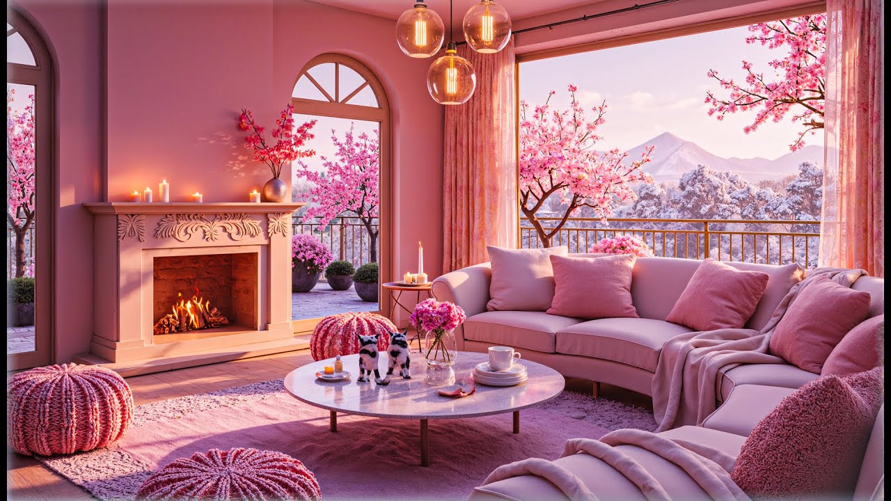 Peaceful Piano in Pink Valentine Lounge | Fireplace Glow, Candles & Romantic Vibes for Deep Sleep
