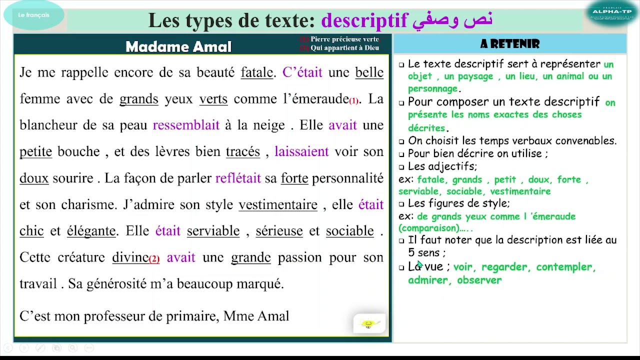 Les caractéristiques du texte descriptif