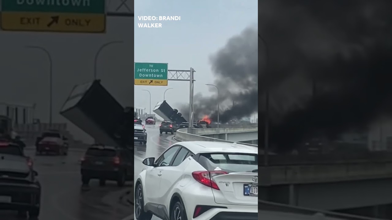 Semi on fire before falling off I-65 in Louisville