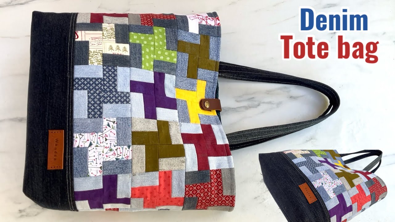 How to sew denim patchwork tote bag tutorial from fabric and jeans scraps , diy tote bag tutorial