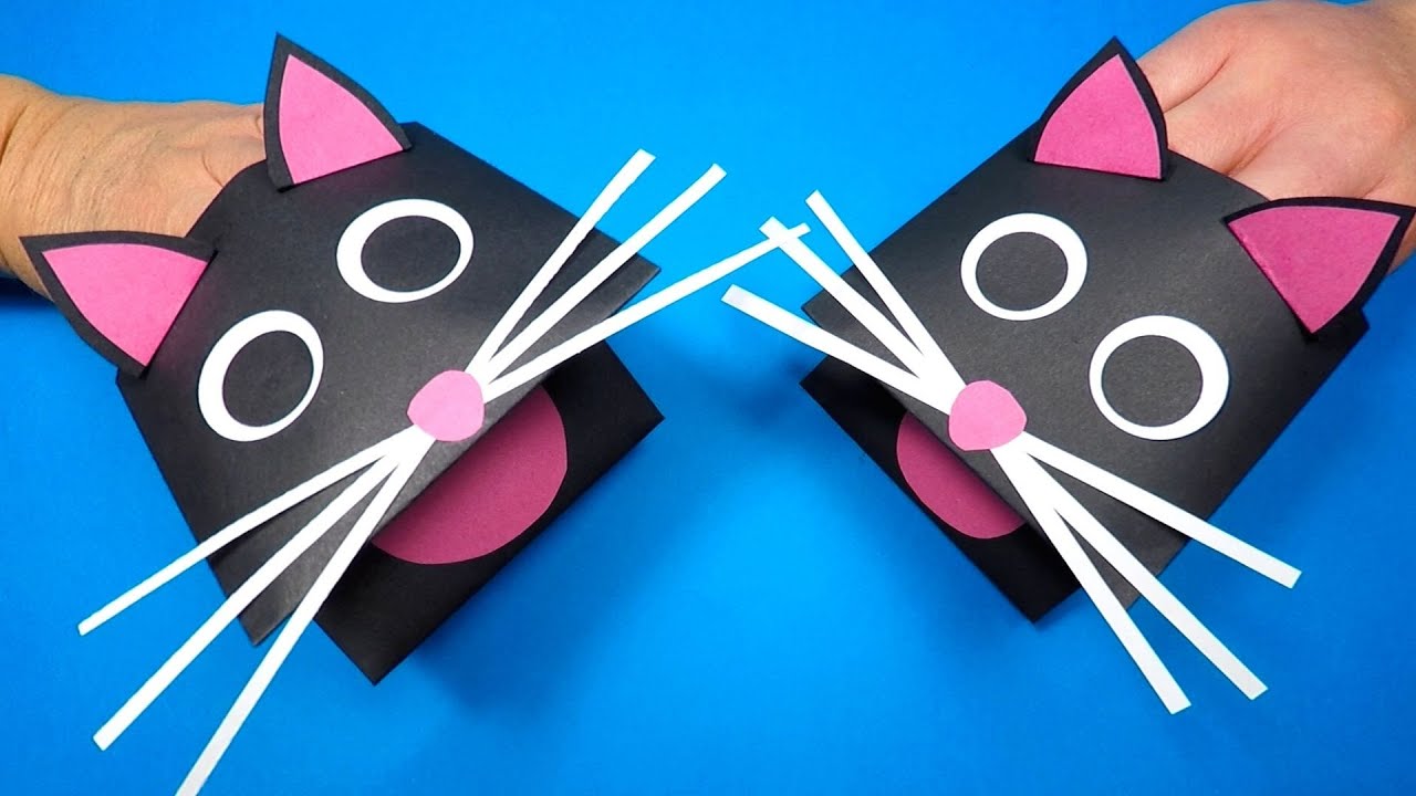 How to Make a Paper Black Cat Hand Puppet | Halloween Crafts