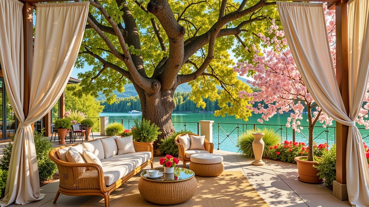 🌺Calming Morning Jazz Music at Cozy Spring Coffee Shop Corner with Forest Sounds for Positive Mood