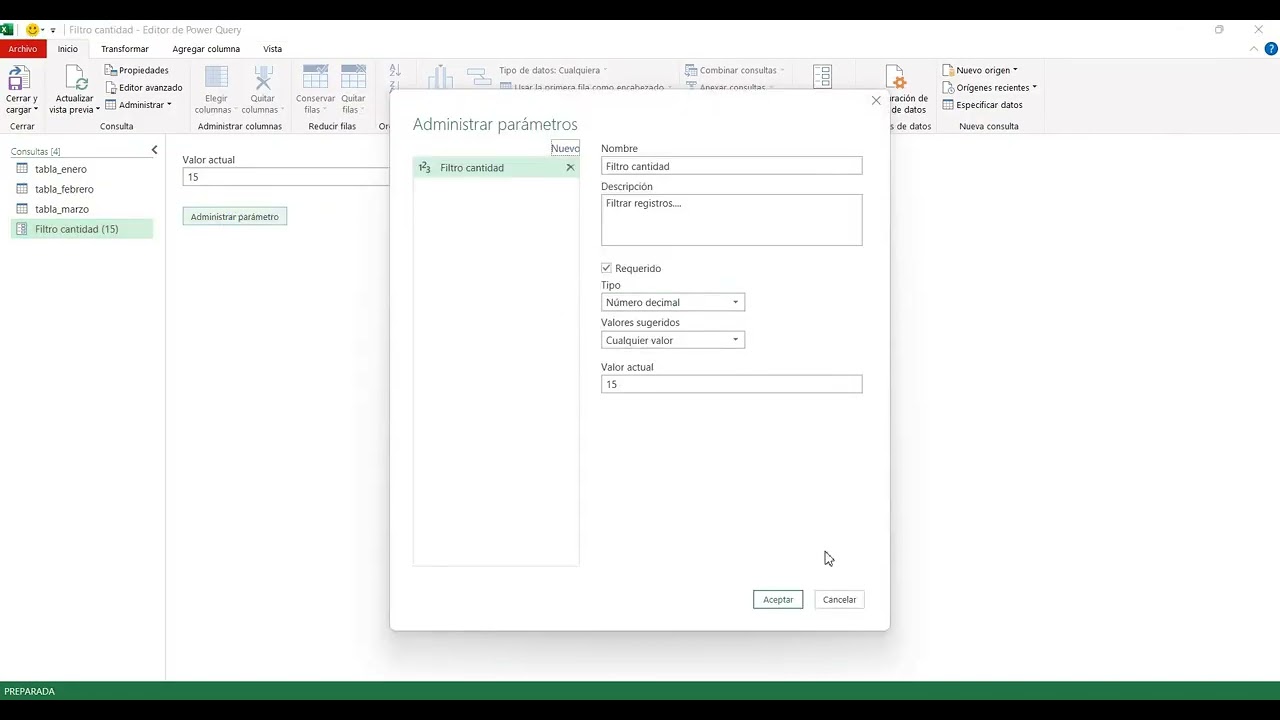 Aplicar parámetros a consultas en PowerQuery.