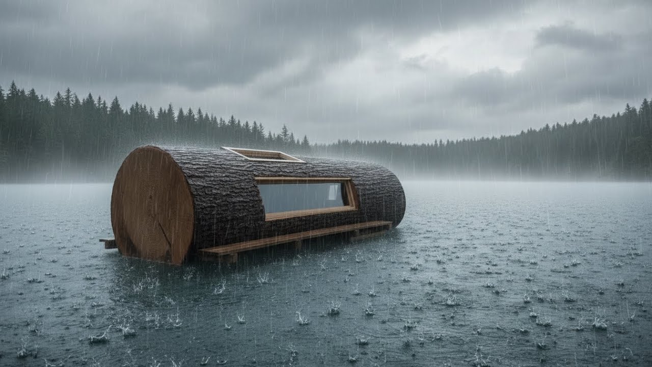 I Built a Secret Tree Log Shelter Floating on a Stormy Lake