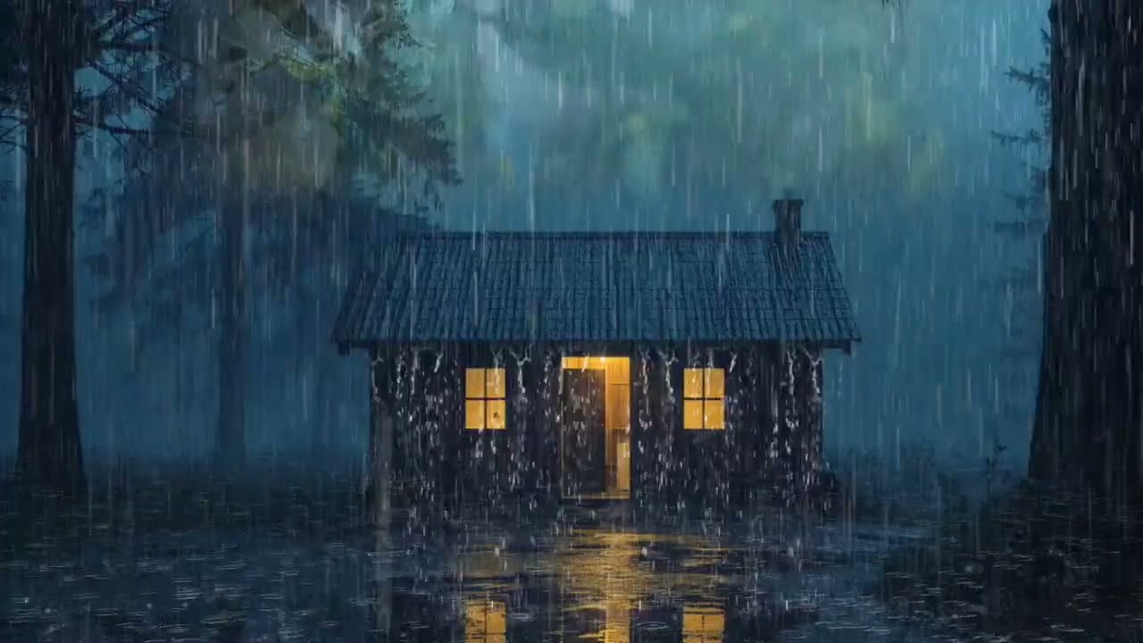 Night Cabin Rain with Soft Thunder – Relaxing Ambience