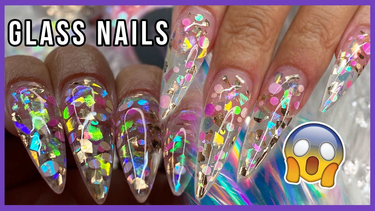 GLASS NAILS - Encapsulated chunky Rainbow Glitters - Clear Tips