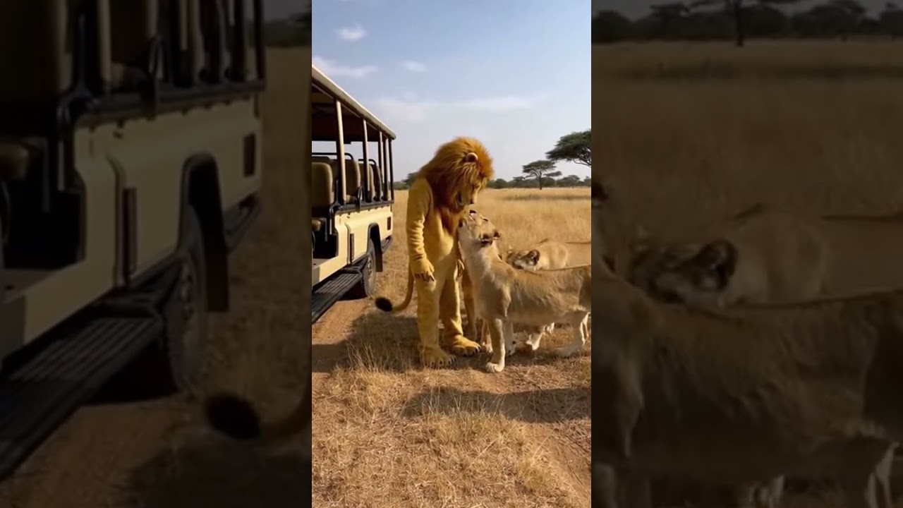 Three Lionesses React to a Man in a Realistic Lion Costume 🦁😲