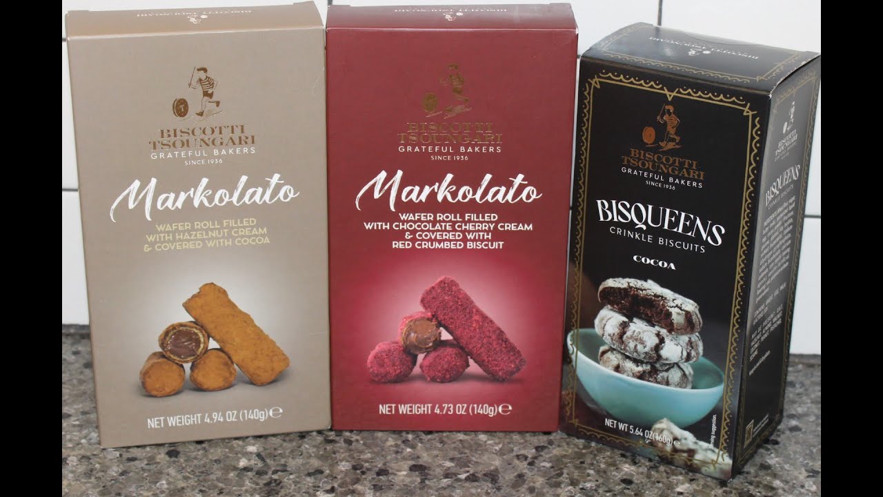 Biscotti Tsoungari Grateful Bakers Markolato Hazelnut Wafer & Cherry Wafer, Cocoa Crinkle Biscuits