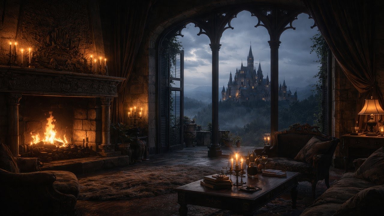Thunderstorm Castle View Ambience 🌩️🏰 Cozy Castle Room with Storm Sounds Only