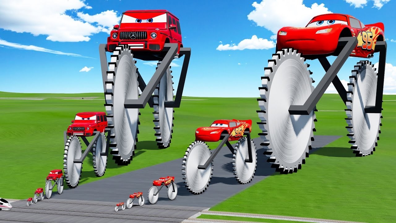 Big & Small Bus McQueen with Saw wheels VS Big & Small McQueen Monster Truck VS Train | BeamNG.drive