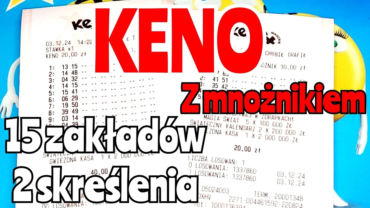 Keno z mnożnikiem. 15 zakład&oacute;w na 2 skreślenia, 2 liczby.