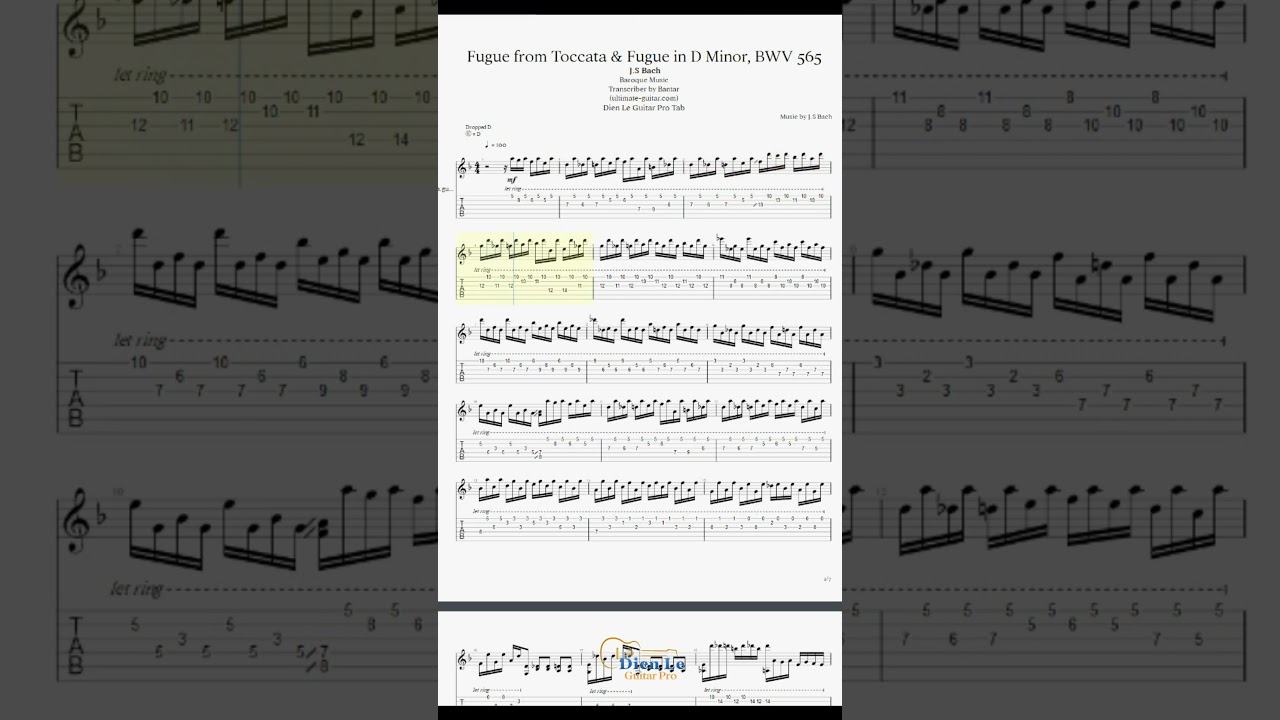 Masterful Guitar Tab - Bach&rsquo;s Fugue in D Minor, BWV 565 - Classical Guitar