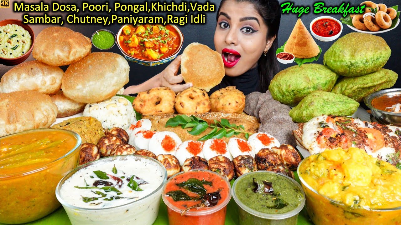 Eating Masala Dosa,Masala Puri,Idli Vada,Pongal,Sambar South Indian Street Food ASMR Eating Video