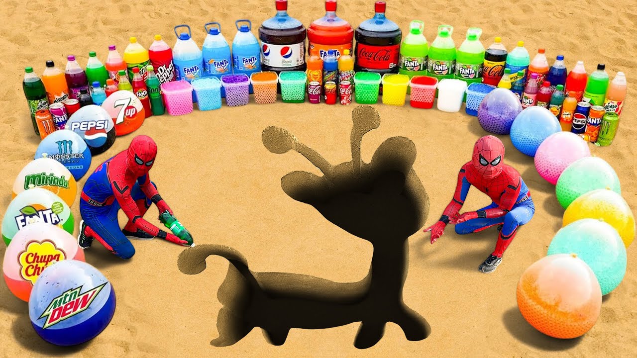 Spiderman & Big Toothpaste Eruption from Giraffe Pit, Giant Fanta, Chupa Chups, Coca Cola and Mentos