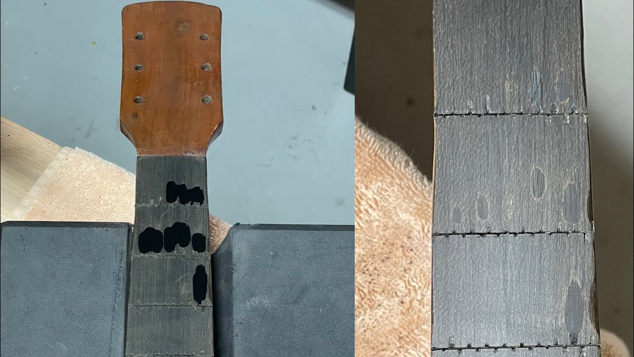 1940’s Harmony archtop filling fretboard divots (no talking)