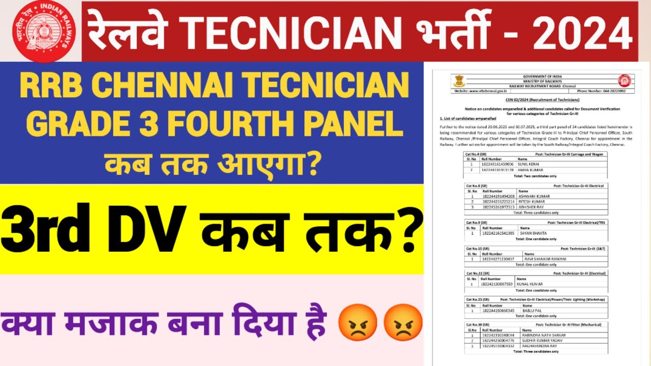 RRB CHENNAI TECNICIAN GRADE 3 FOURTH PANEL LIST कब तक आएगा? //RAIL SWARAJ//
