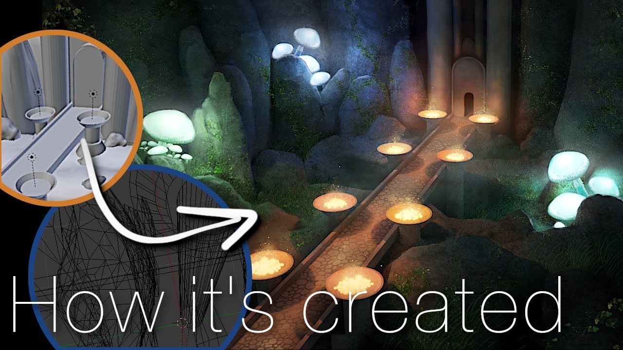 How Digital Art is Created: The Glowing Mushroom Cave 🌫️  Behind the Scenes of Blender and GIMP