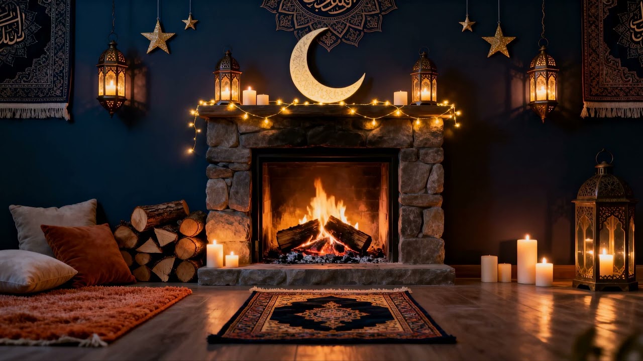8H Cozy Ramadan Fireplace 4K 🌟 Ramadan Kareem | Lantern Light & Crackling Fire (No Music)