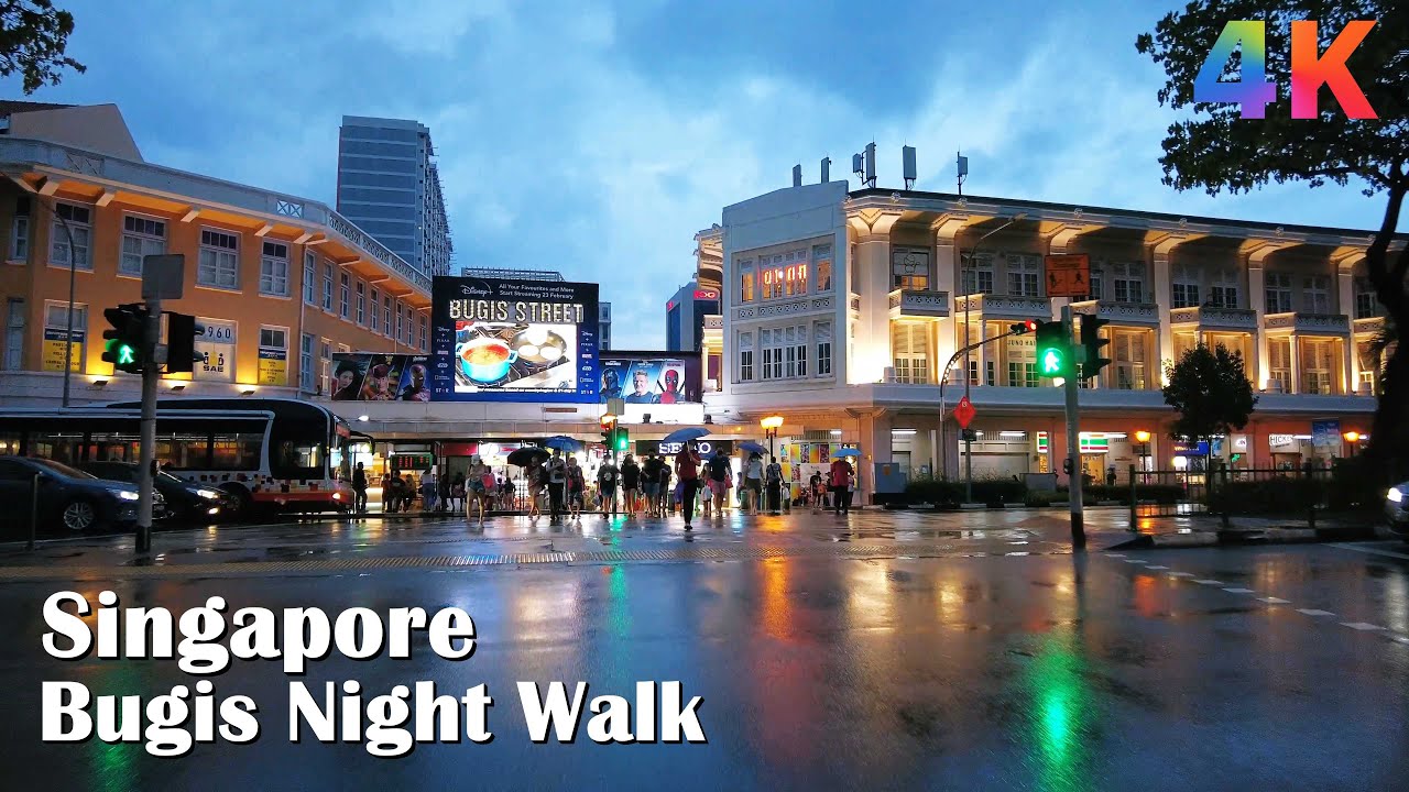 [4K] Singapore Bugis Raining Night Walking Tour (Therapeutic Rain Sound)