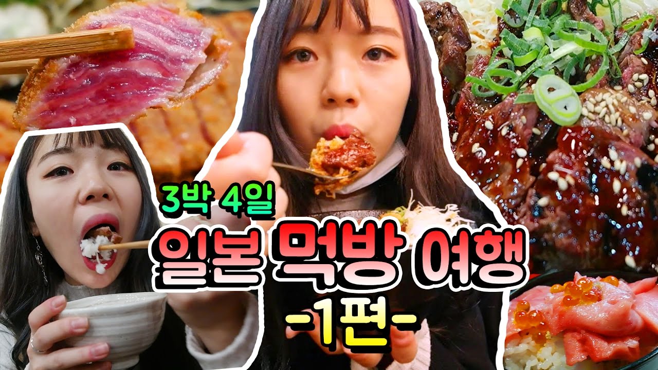 [시니] 일본 먹방 여행 1편 - 소고기돈까스 규카츠, 소고기 덮밥, 슈크림빵,딸기모찌,참치회덮밥!! ★엄청 먹음★