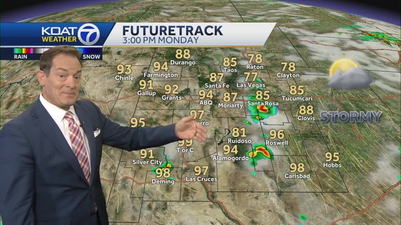 Not quite as hot today with stormy concerns, flood watch for Ruidoso and severe threat out east