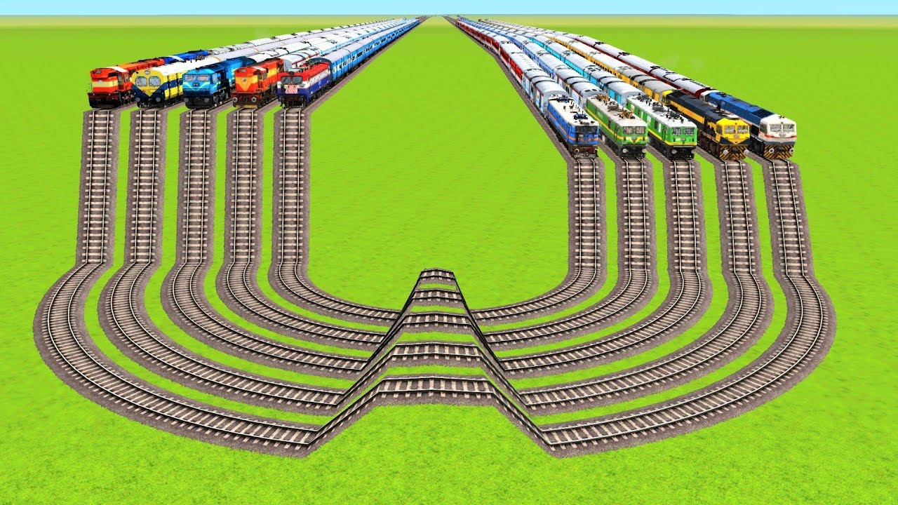 TEN TRAINS VS DOUBLE SIDE MIRROR SHAPED BUMPY CURVED RAILWAY TRACKS & TRAIN ACCIDENT|Train Simulator
