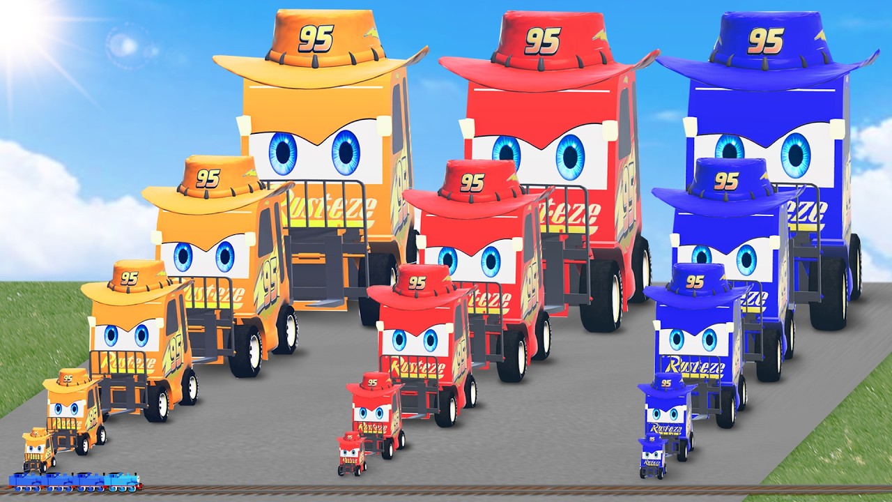 Big & Small Colors Cowboy Lightning McQueen Forklift Car vs Thomas Trains | Test Cars | BeamNG.drive