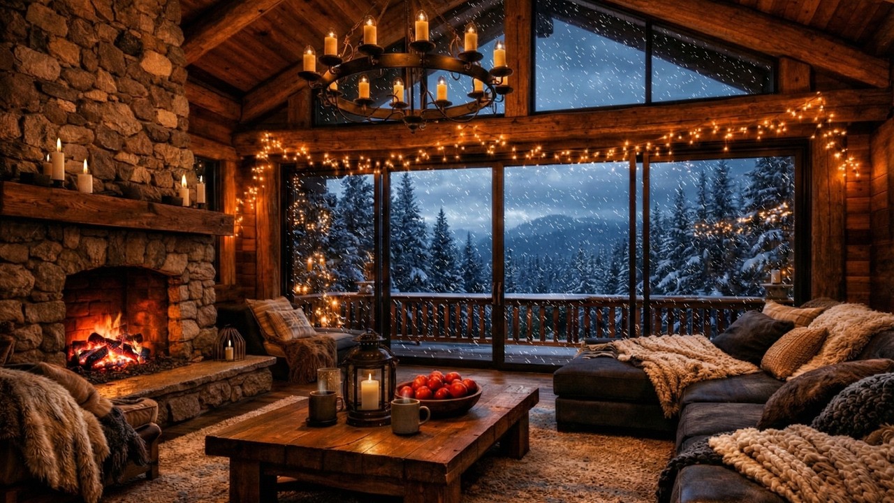 Cozy Evening in a Rustic Lodge ❄️ 12 Hours Fire Sounds & String Lights