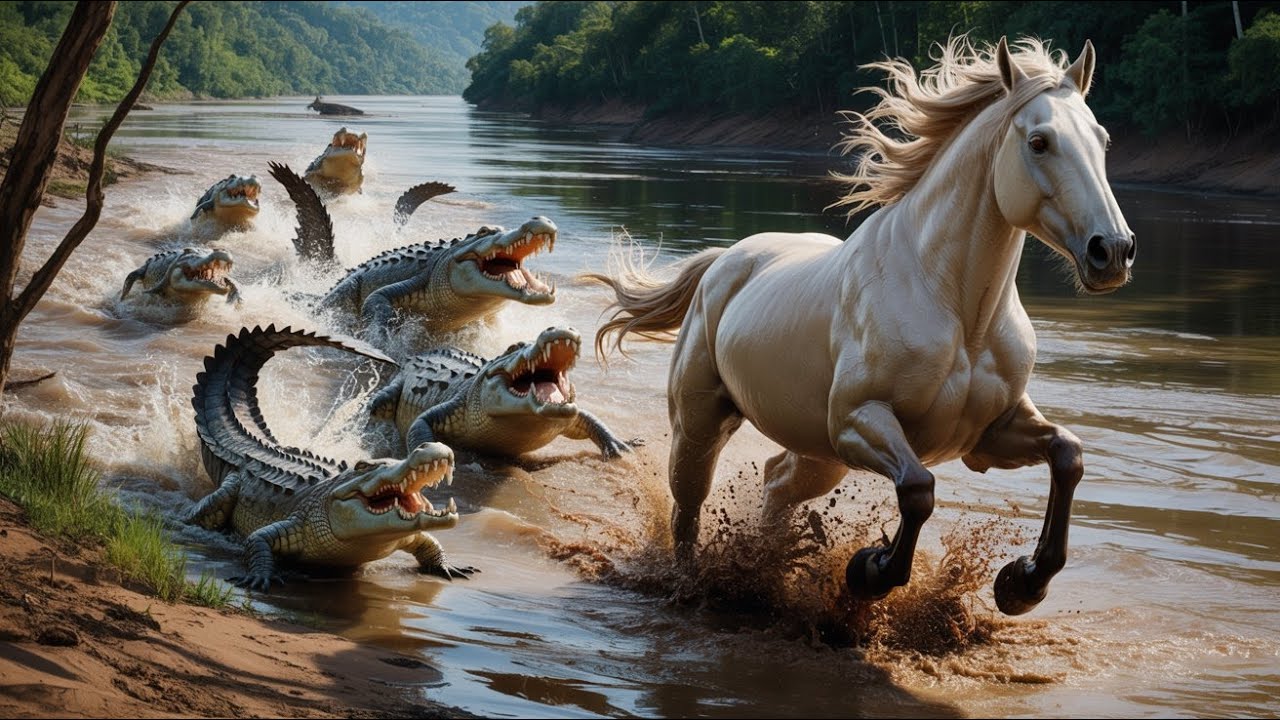 White Wild Horse Chased by Crocodiles at the Riverbank – Intense Survival Chase (4K)