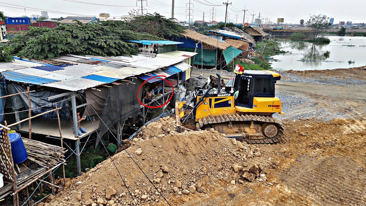 Incredible Project Continue- Dozer Move Rock Soil Into Water, Dump Truck Unloading