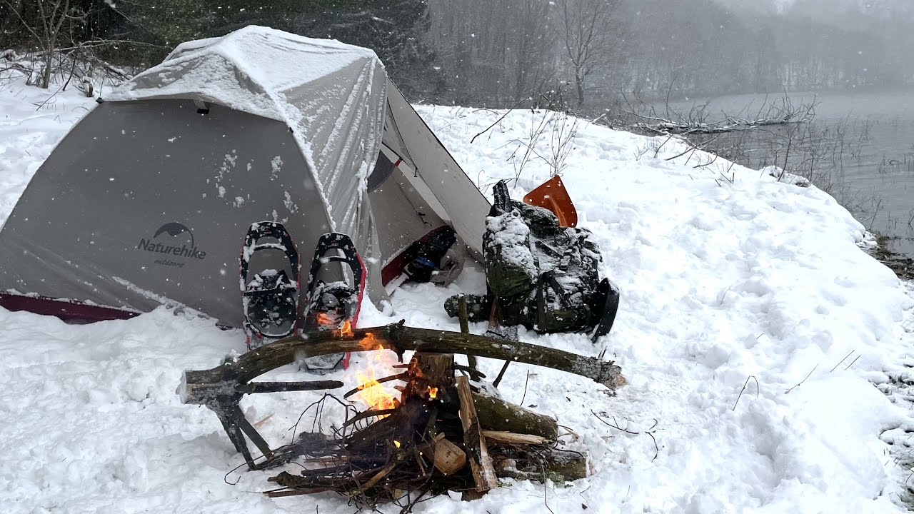 Snowstorm Blizzard Overnight in Tent on the Lake - Winter Bushcraft Camping  and Cooking