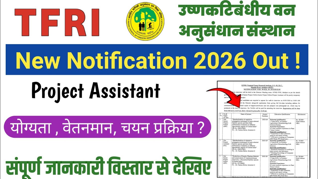 TFRI New Vacancy 2026 Out|TFRI Project Assistant Notification 2026|TFRI Jabalpur New Vacancy 2026