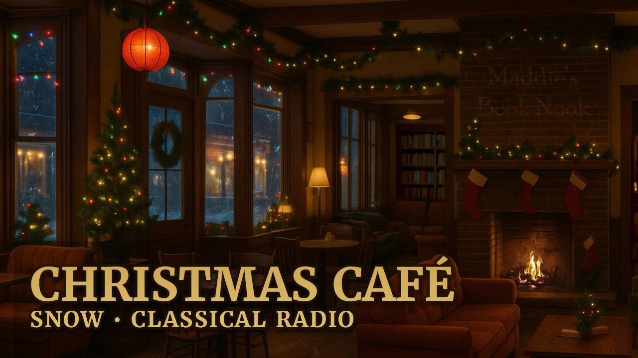 Maddie’s Book Nook | Christmas Coffee Shop Ambience with Snow, Fireplace & Classical Music | 8 Hours