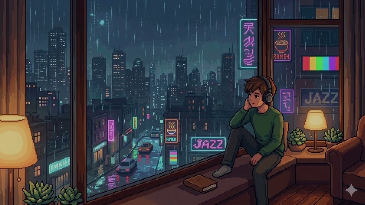 Midnight City Window ☔ Lofi Jazz Rain Ambience for Study, Focus & Sleep