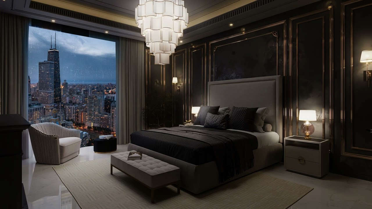 A modern hotel room in a rainy atmosphere