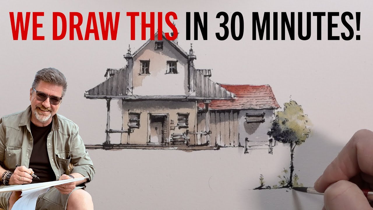 Watercolour drawing a farmers house in 30 minutes