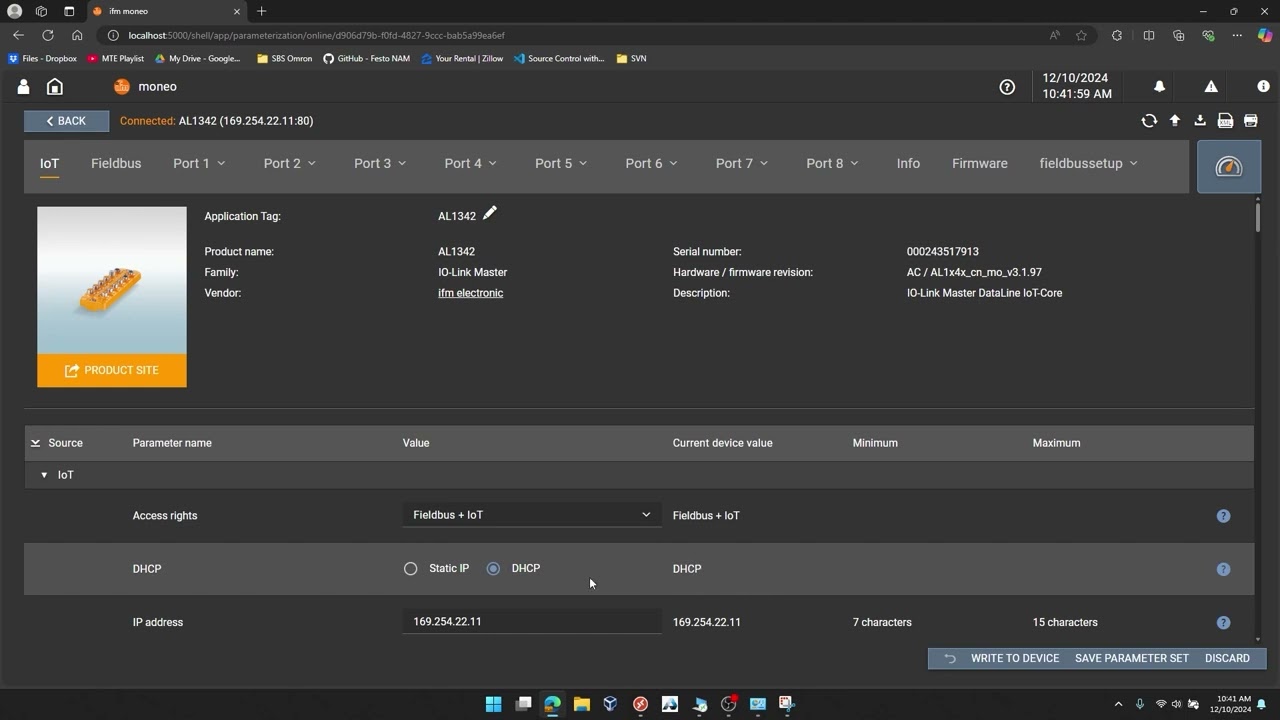 Setup Factory Default IFM AL1342 IO-Link Master for Device Validation of I-Port VTUG IO-Link Device