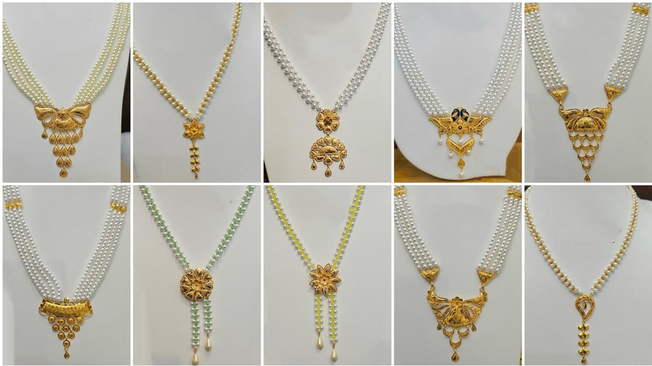 Long pearl necklace design with weight and price/Latest 22k gold pearl jewellery design collection