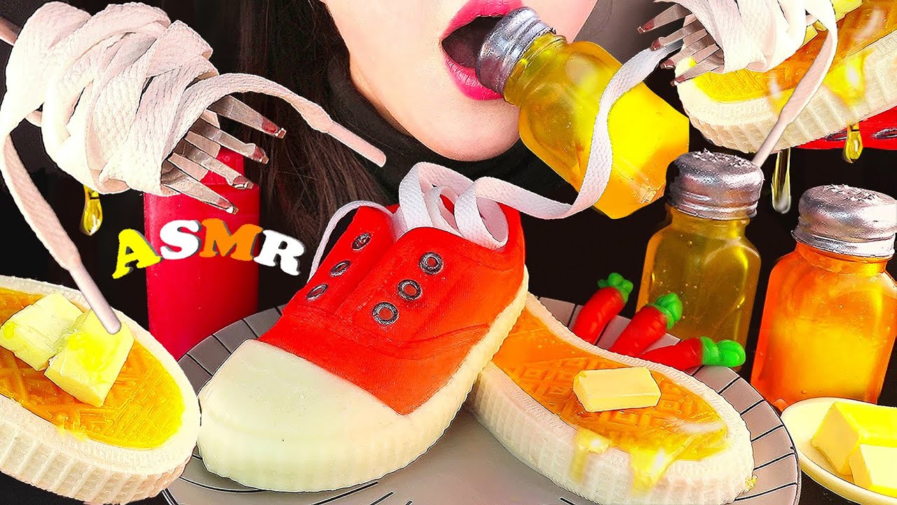 ASMR кроссовки бранч SET, соленая бутылка, шнурки, блюдо, десерт, звуки еды