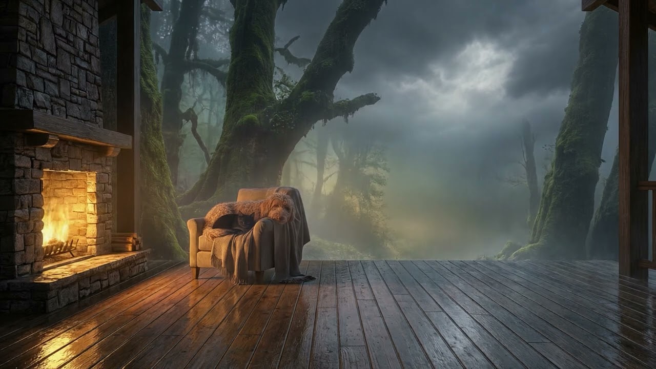 rahatlatıcı yağmur sesi - Fireplace with rain sound #forsleeping #forestambience  #yağmursesi