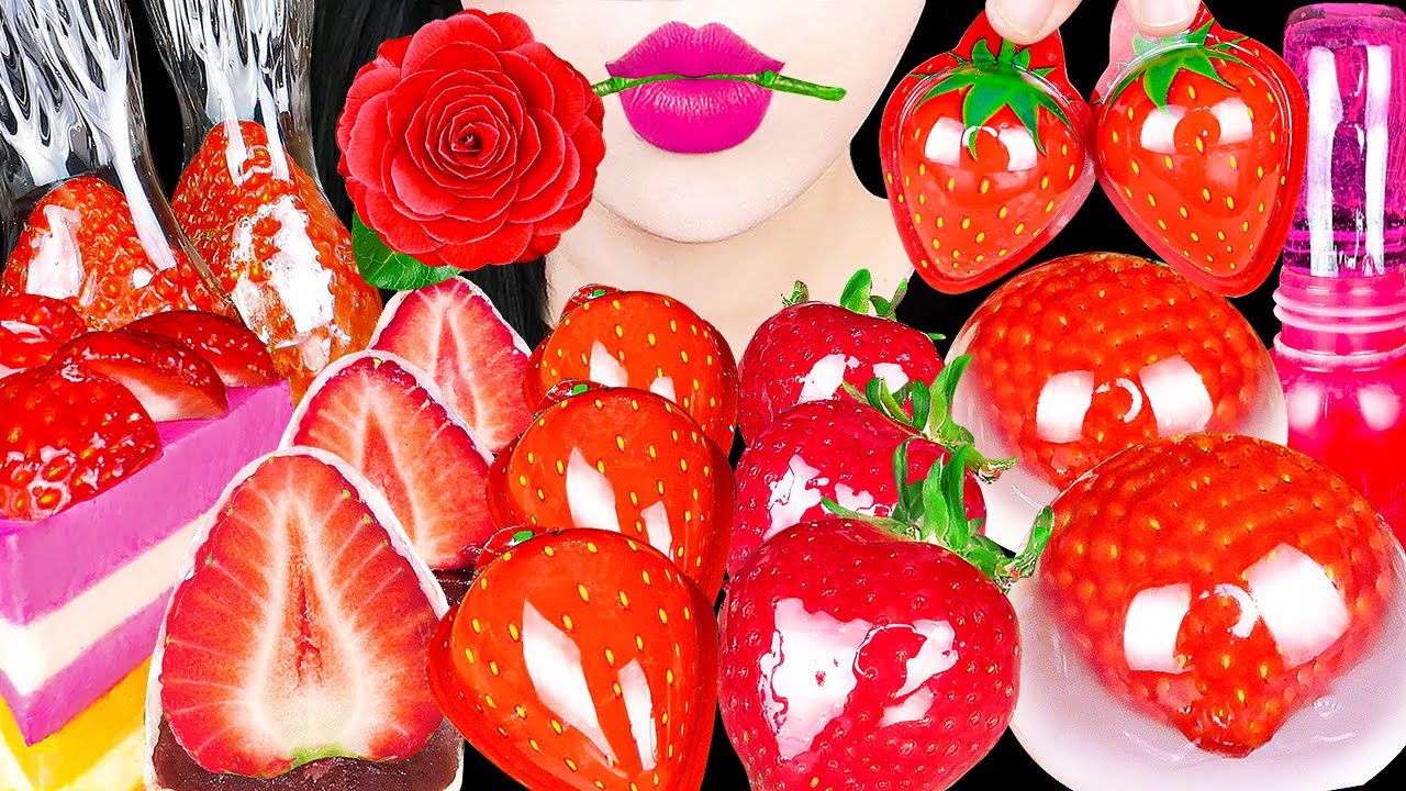 ASMR MUKBANG) RED DESSERTS *STRAWBERRY TANGHULU, RAINDROP RICE CAKE, CHAPSSALTTEOK EATING SOUNDS 먹방