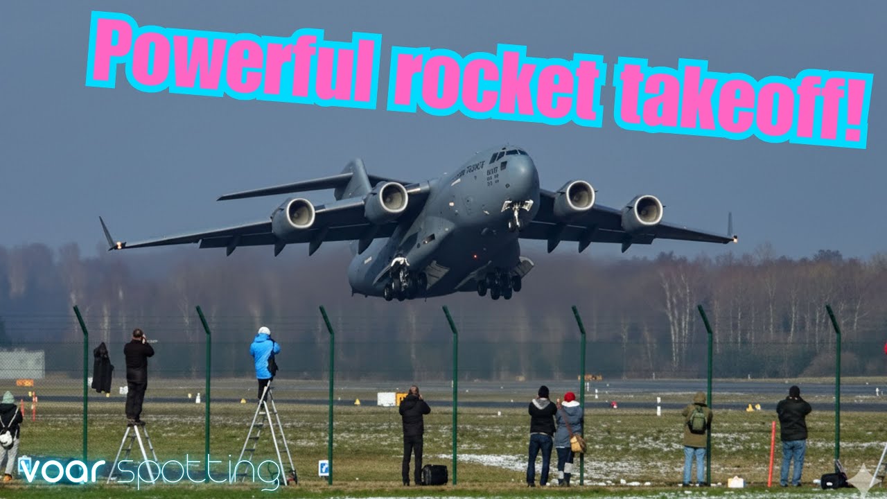 AWESOME TAKEOFF! - U. S. Air Force Boeing C-17 at Zurich Airport